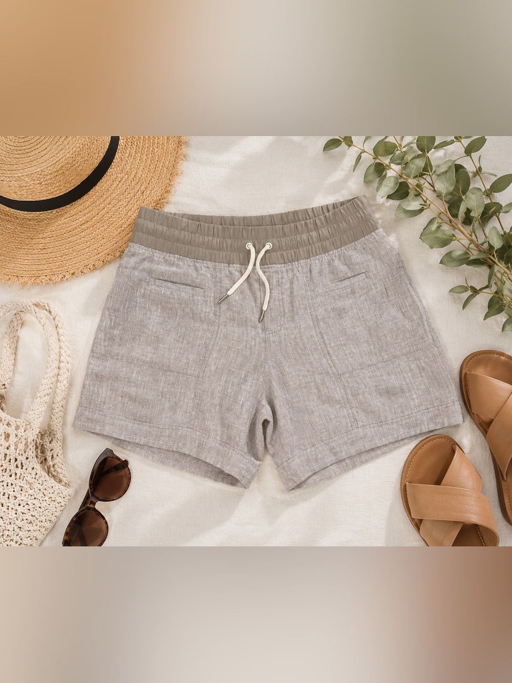 Athleta Linen Shorts Size 8 Gray Taupe Drawstring Elastic Waist Casual Summer